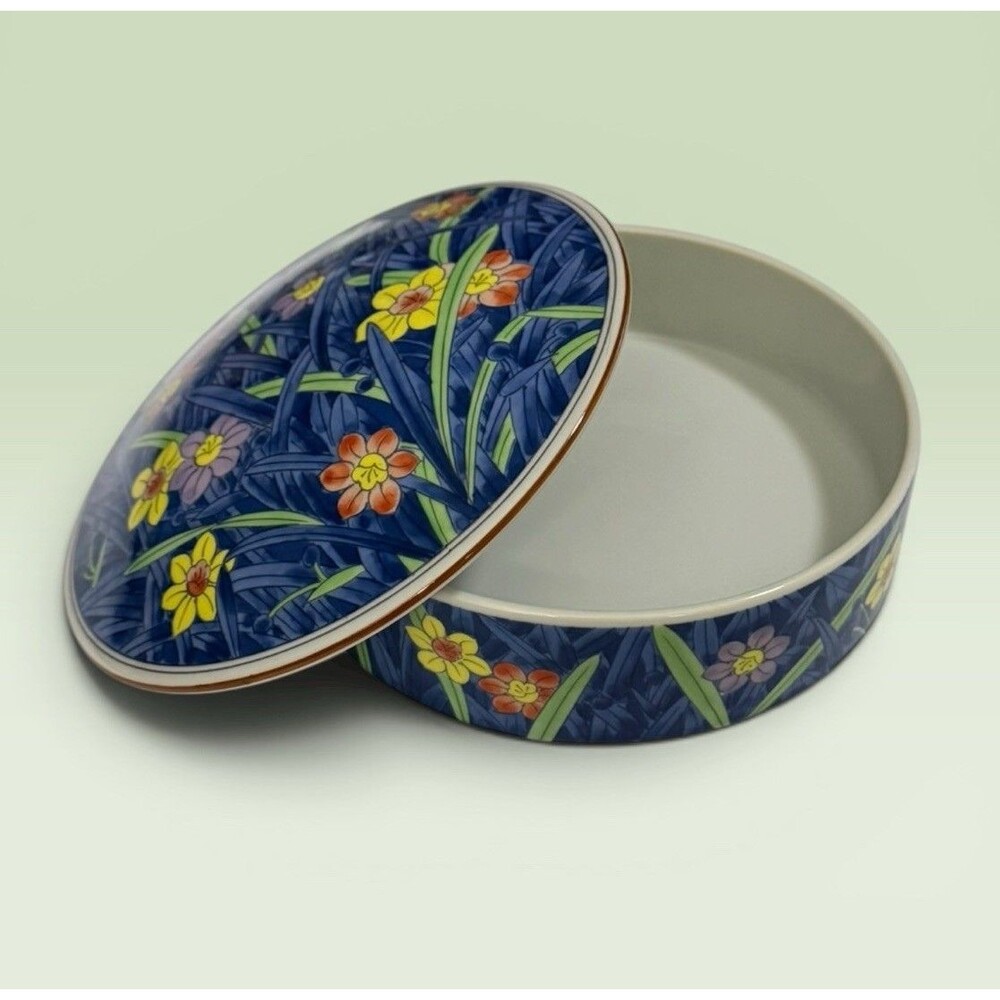 Vintage Japanese Ceramic Lidded Trinket Box Floral Daffodil Pattern 6” - Picture 3 of 7